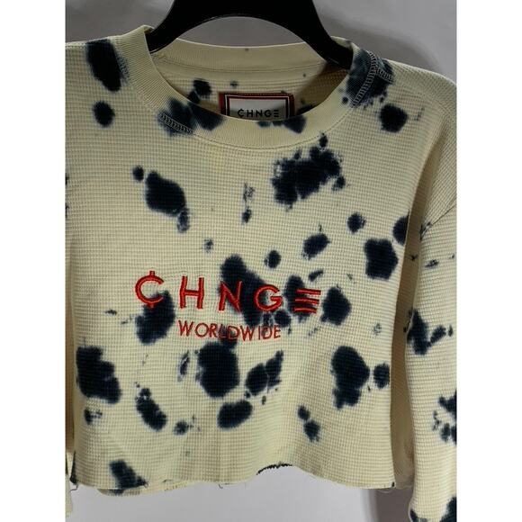 CHNGE Women's Beige Tie-Dye Embroidered Logo Organic Cotton Crop Top SZ S - Picture 1 of 8